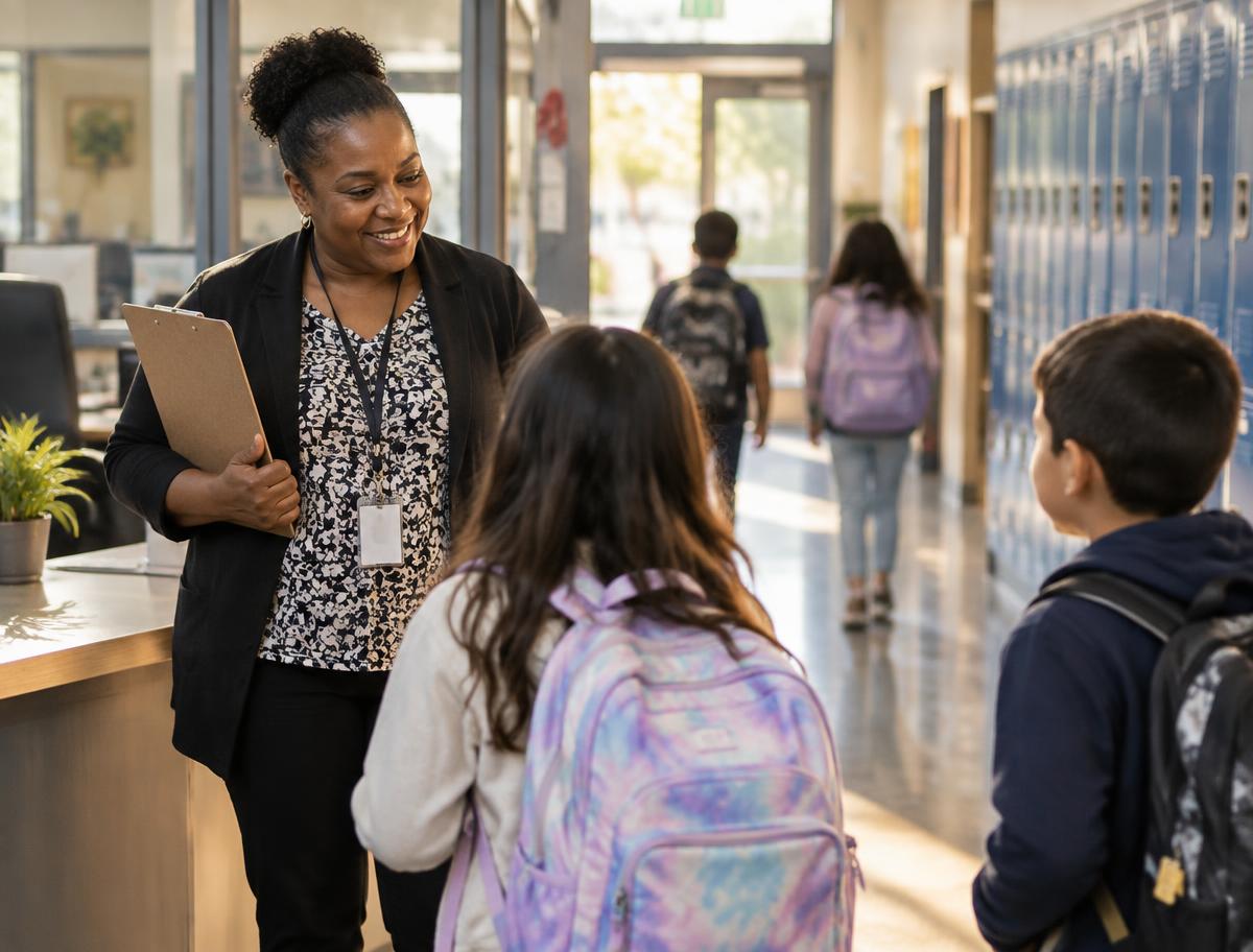 A school staff member greeting students in a hallway